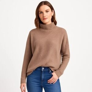 H by Bordeaux Women's Tan Ribbed Mock Neck Hi-Low Hem Sweater Size Large